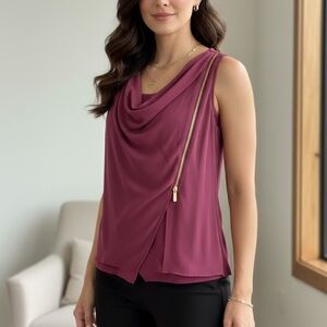 MK Michael Kors Chic Burgundy Drape Top with Zipper Accent Pre-loved Size M